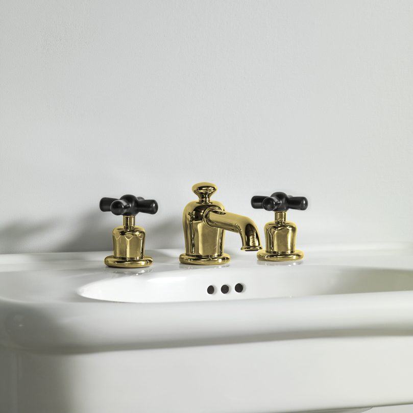 Rockwell 3 hole basin mixer with low spout & metal/coloured crosshead taps