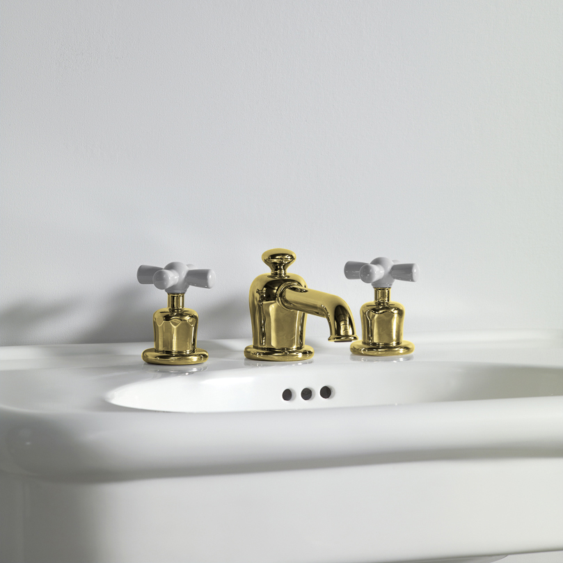 Rockwell 3 hole basin mixer with low spout & metal/coloured crosshead taps