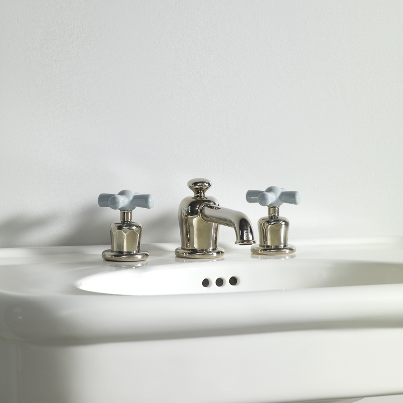 Rockwell 3 hole basin mixer with low spout & metal/coloured crosshead taps