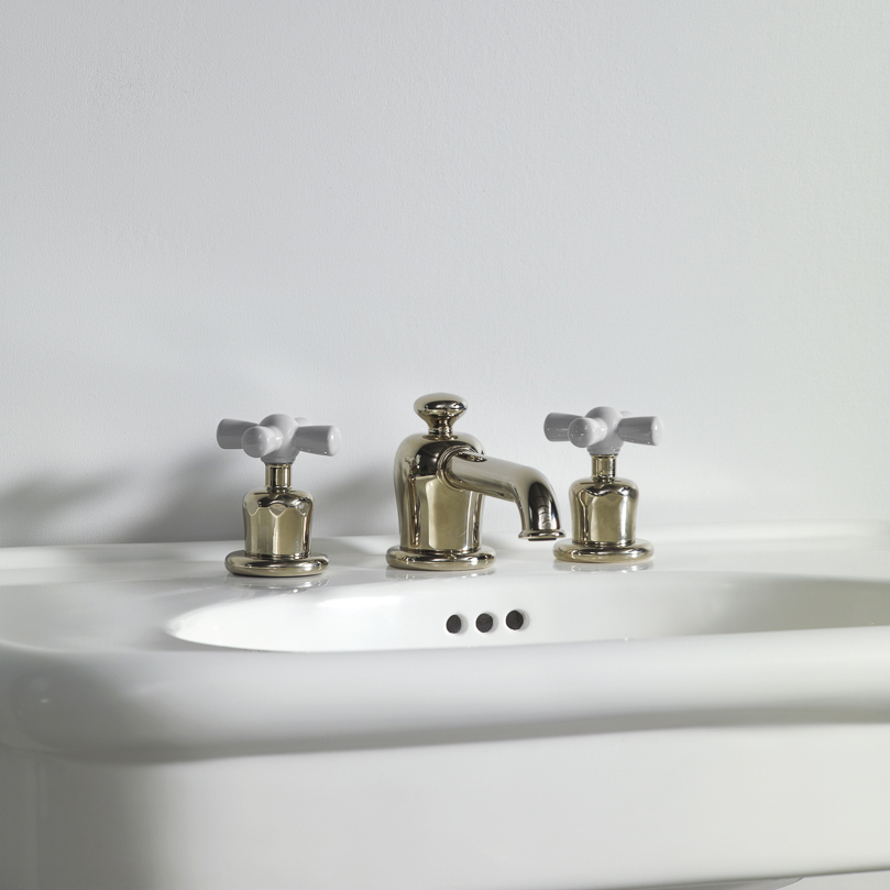 Rockwell 3 hole basin mixer with low spout & metal/coloured crosshead taps