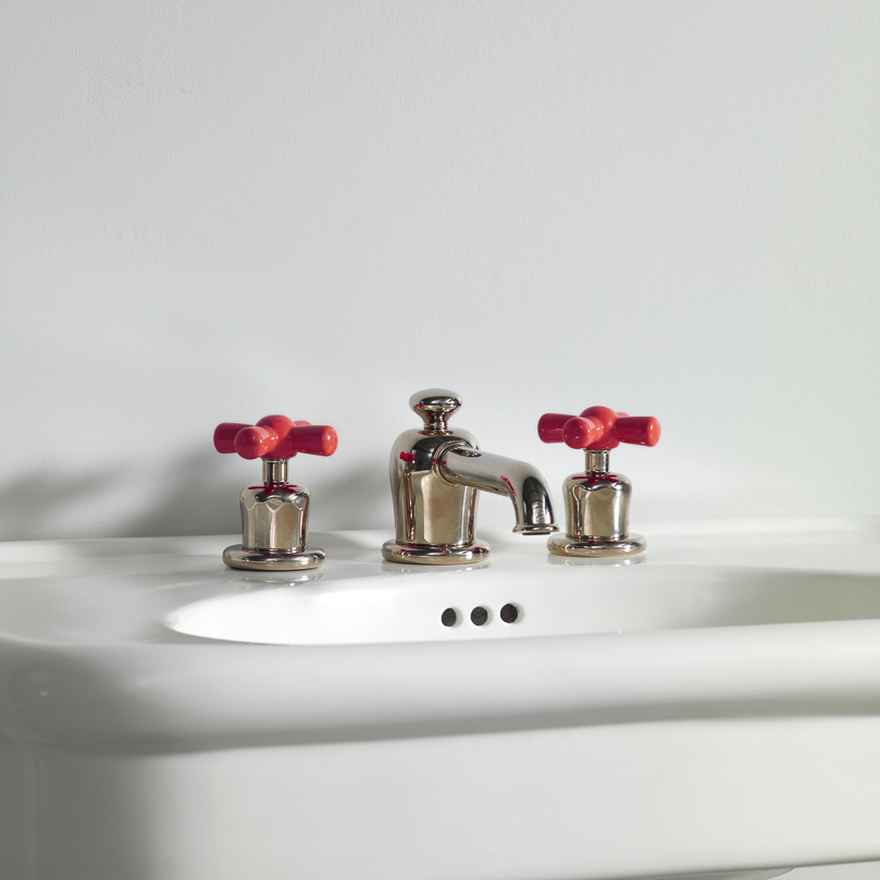 Rockwell 3 hole basin mixer with low spout & metal/coloured crosshead taps