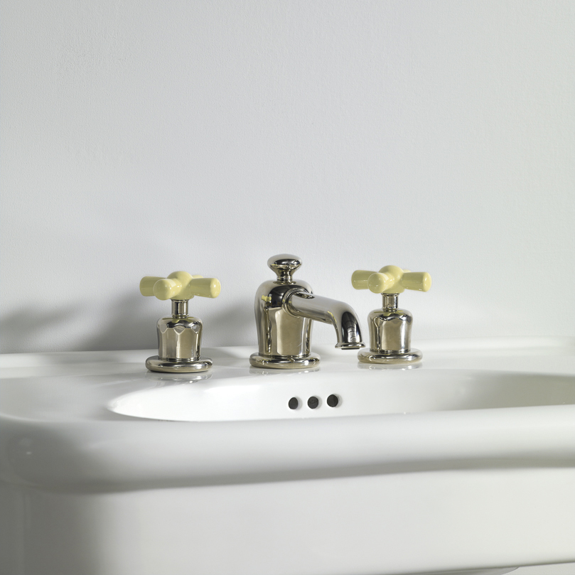 Rockwell 3 hole basin mixer with low spout & metal/coloured crosshead taps