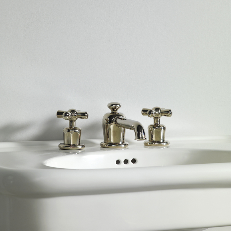 Rockwell 3 hole basin mixer with low spout & metal/coloured crosshead taps