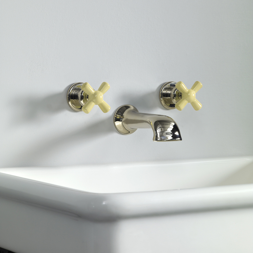 Rockwell wall-mounted basin mixer with 190mm cast spout & metal/coloured crosshead taps