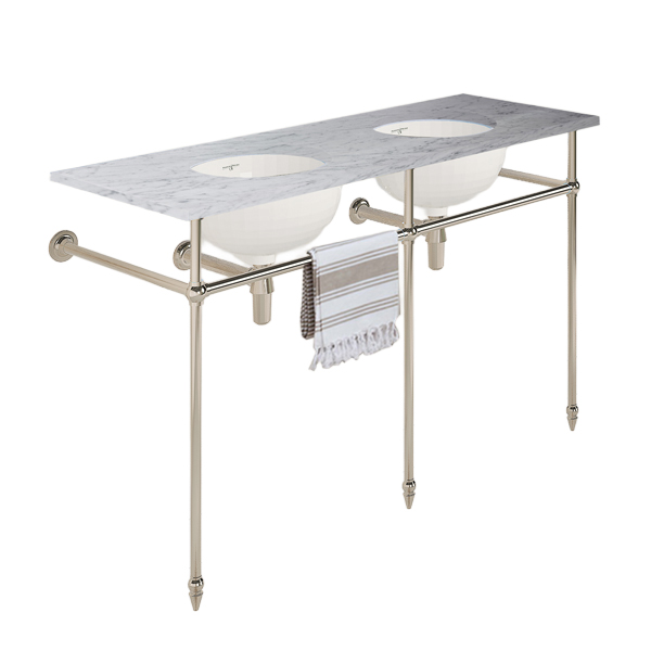Double basin stand, Carrara benchtop, 2x P&R under-mounted basins and bottle traps in Nickel