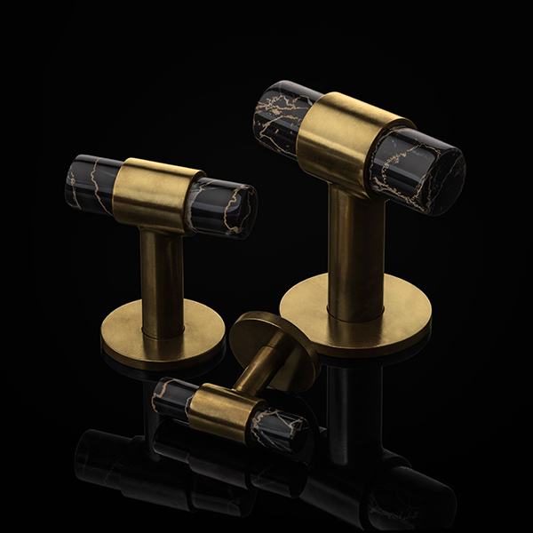 Collett T-bar solid brass & marble cabinet pull