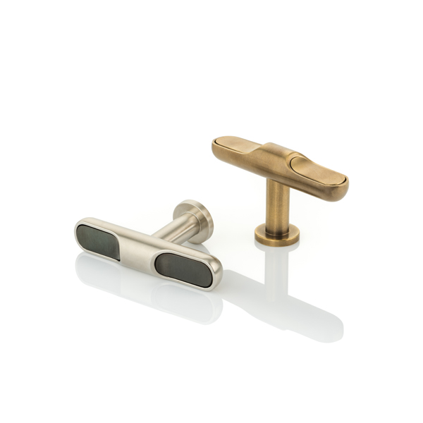 Contour solid brass T-bar cabinet pull with inlay