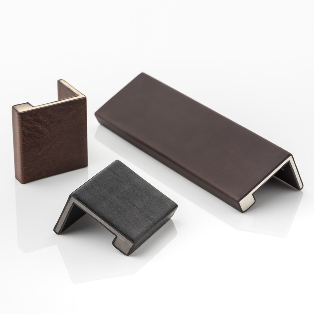 Cube solid brass small edge pull wrapped in bridle leather