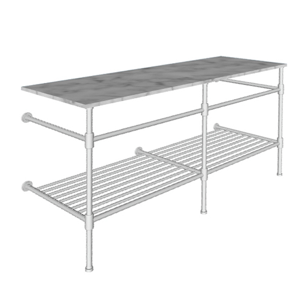 Contemporary 3 leg double basin stand for benchtop. Stepped feet & shelf. W1500 x D540 x H880