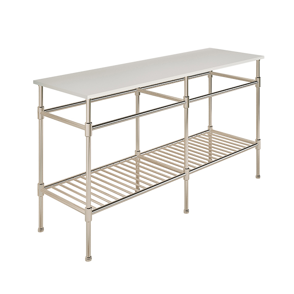 Contemporary 6 leg double freestanding basin stand for benchtop. Stepped feet & shelf. W1500 x D480 x H880