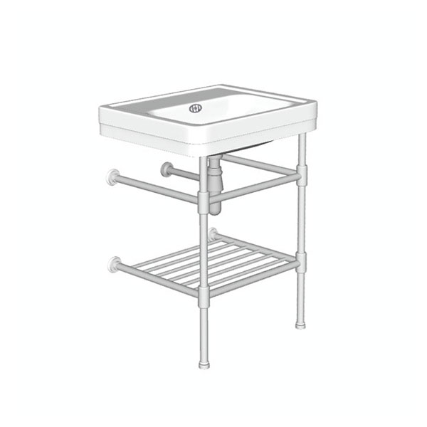 Soho two leg basin stand for 600mm Soho basin. Contemporary joints, stepped feet & shelf.