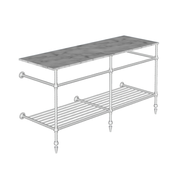 Ornate 3 leg double basin stand for benchtop. Pointed feet & shelf. W1500 x D540 x H880