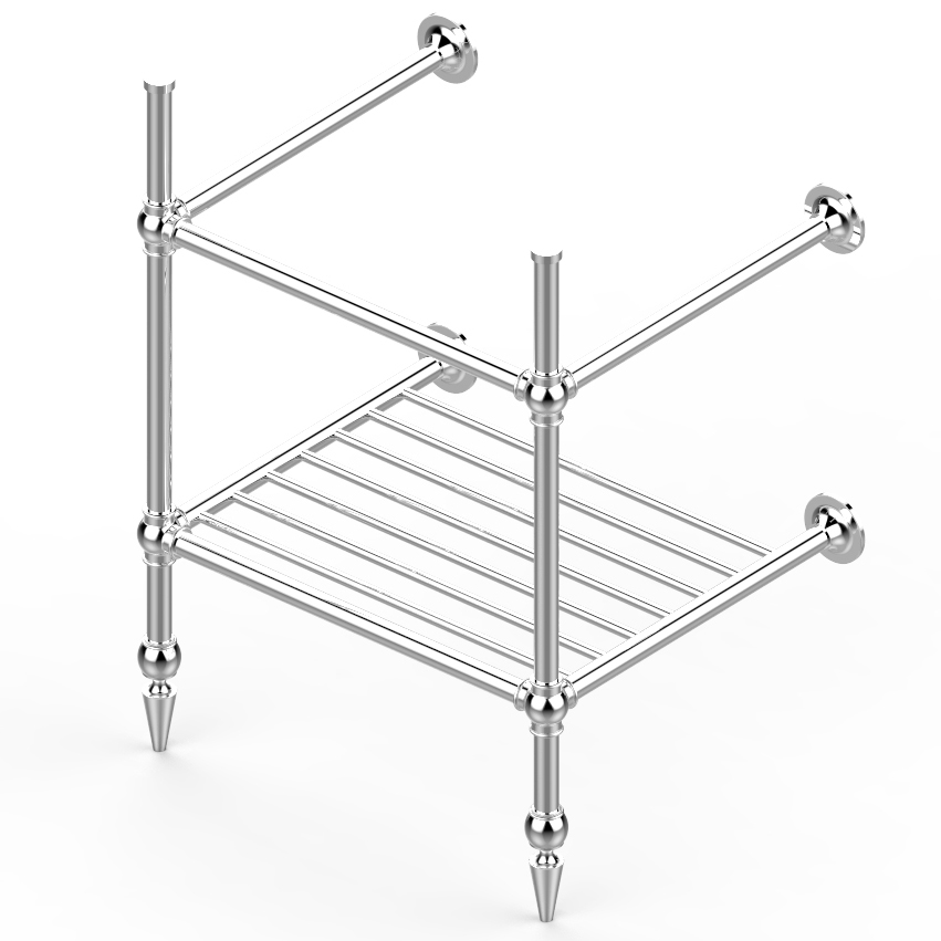 Art Deco 2 leg basin stand for 630mm Art Deco basin. Ornate joints, pointed feet & shelf