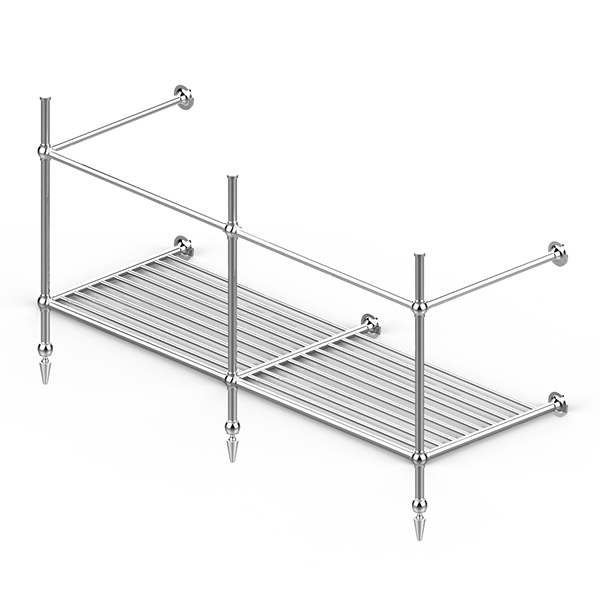 Traditional 3 leg double basin stand for benchtop. Pointed feet & shelf. W1500 x D540 x H880