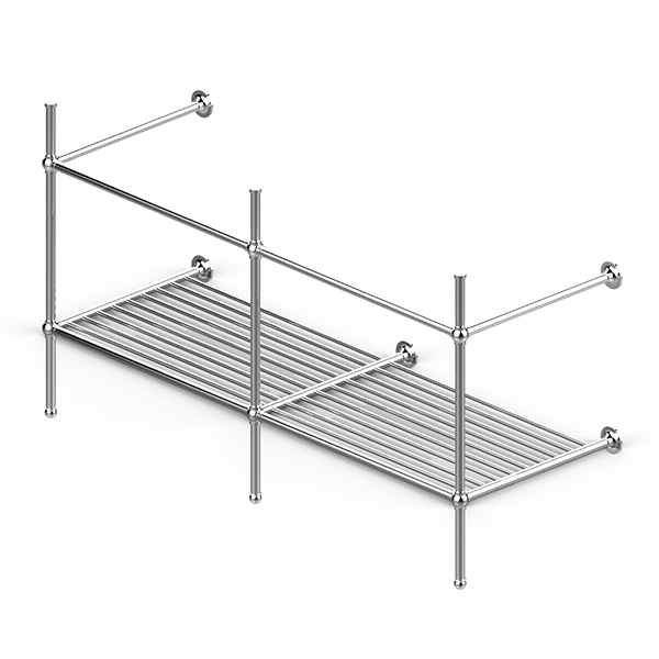 Traditional 3 leg double basin stand for benchtop. Ball feet & shelf. W1500 x D540 x H880