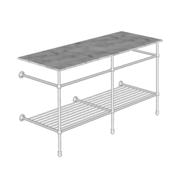 Traditional 3 leg double basin stand for benchtop. Ball feet & shelf. W1500 x D540 x H880