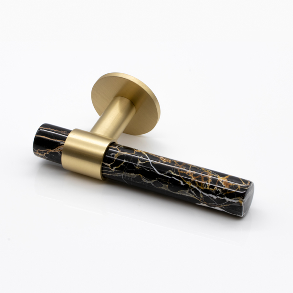 Collett solid brass & marble door lever handle with round rose