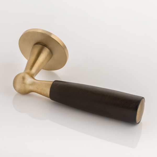 Bennett solid brass door lever handle with hand stitched leather & round rose