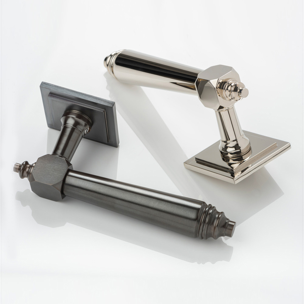 Caulet II solid brass door lever handle with square stepped rose