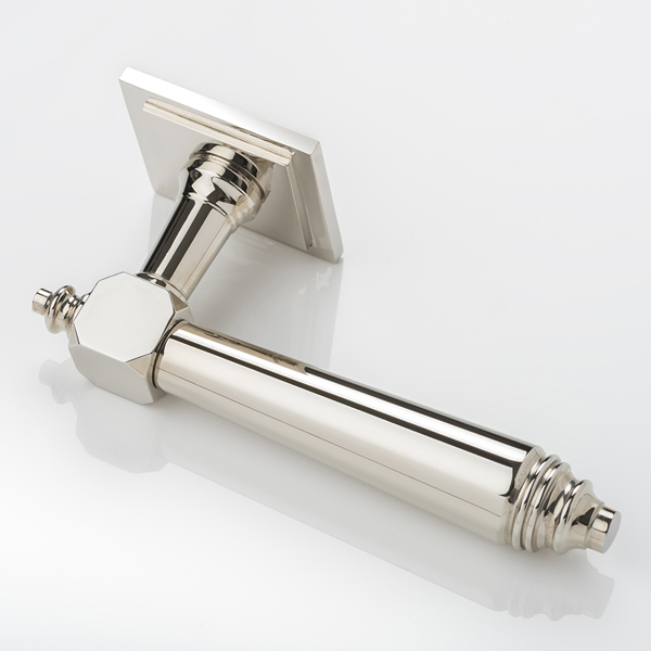 Caulet II solid brass door lever handle with square stepped rose