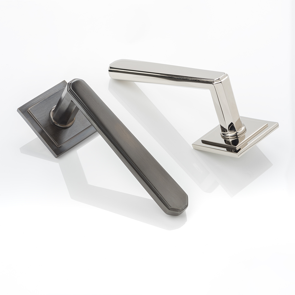 Alexander II solid brass door lever handle with square stepped rose