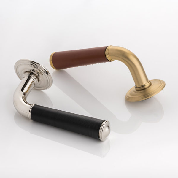 Darlington II solid brass door lever handle with hand stitched leather & ornate rose