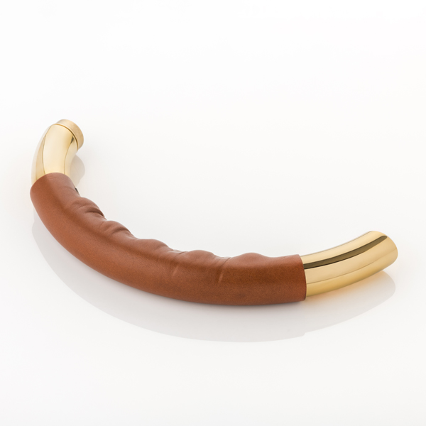 Infinity solid brass door lever handle with hand stitched leather & roseless rose