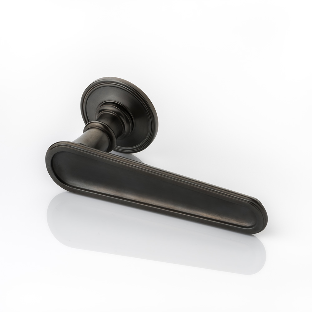 Lambert solid brass door lever handle with ridged rose