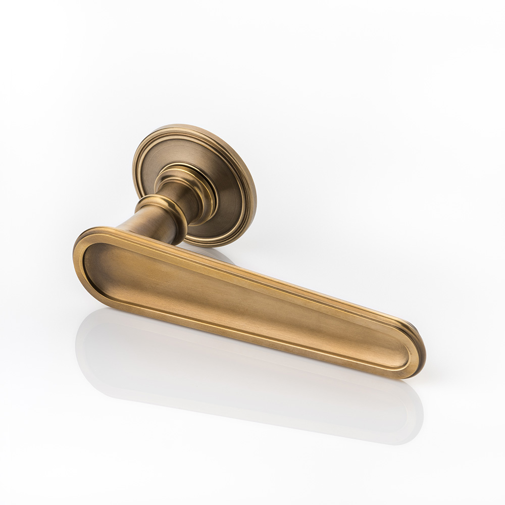 Lambert solid brass door lever handle with ridged rose