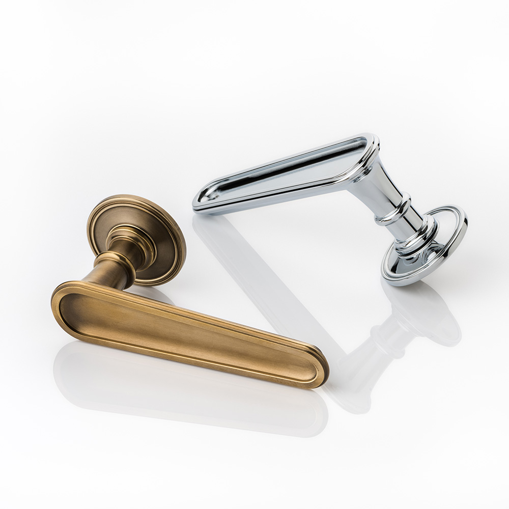 Lambert solid brass door lever handle with ridged rose