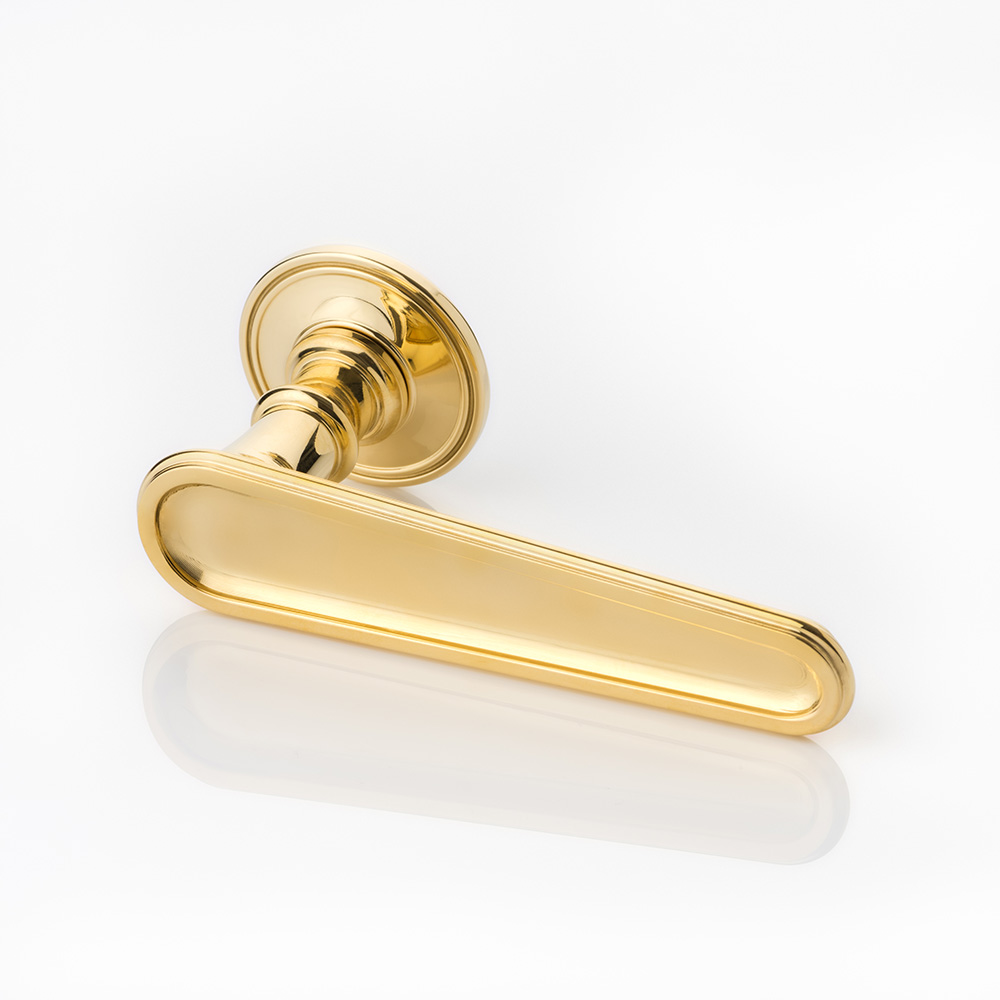 Lambert solid brass door lever handle with ridged rose