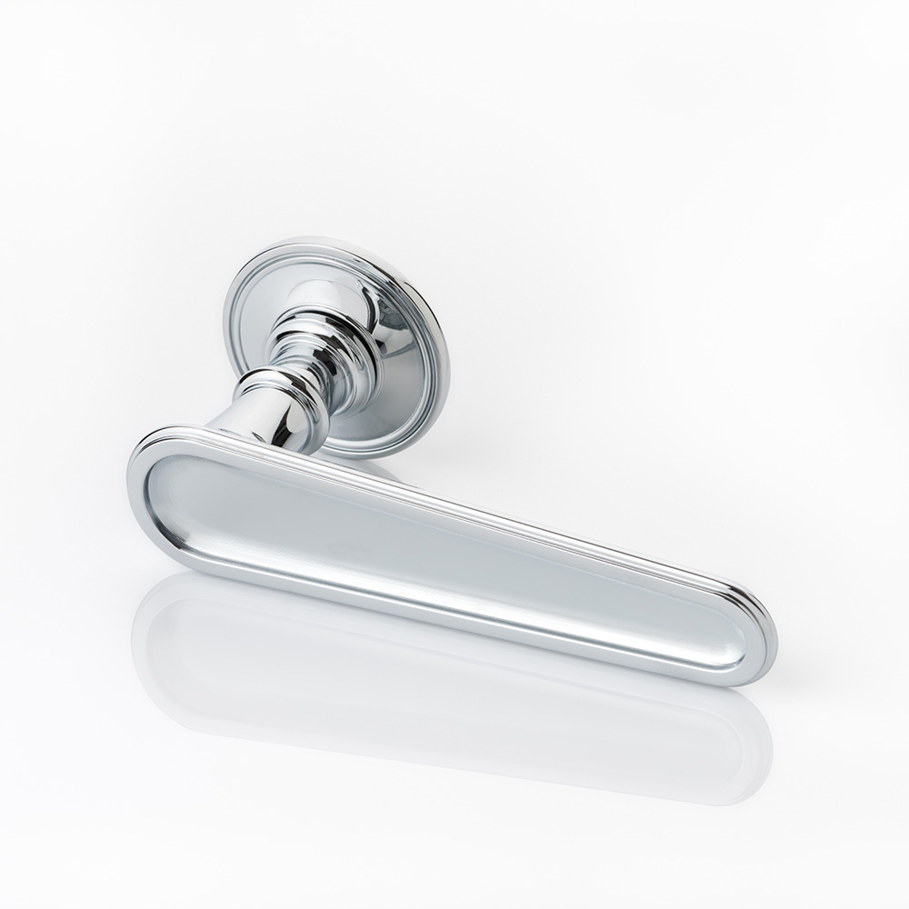 Lambert solid brass door lever handle with ridged rose