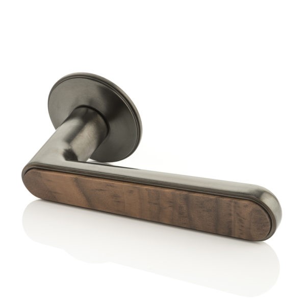 Halsey III solid brass door lever handle with traditional rose & timber detail
