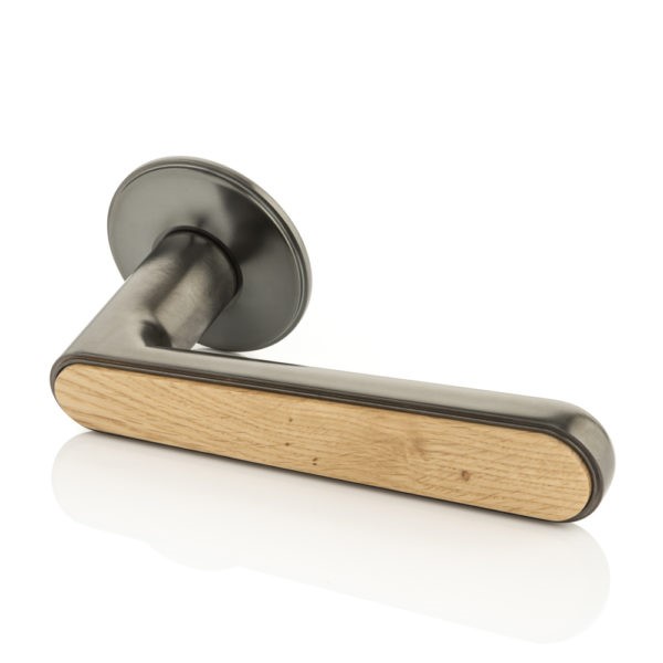 Halsey III solid brass door lever handle with traditional rose & timber detail