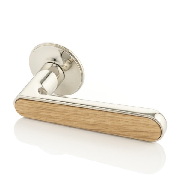 Halsey III solid brass door lever handle with traditional rose & timber detail