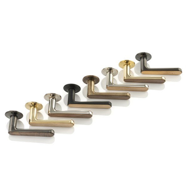 Halsey III solid brass door lever handle with traditional rose & timber detail