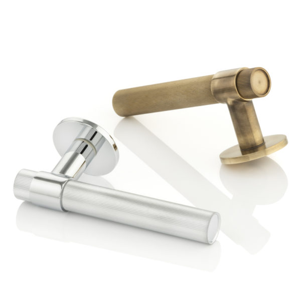 Montgomery solid brass door lever handle with linear knurl & round rose