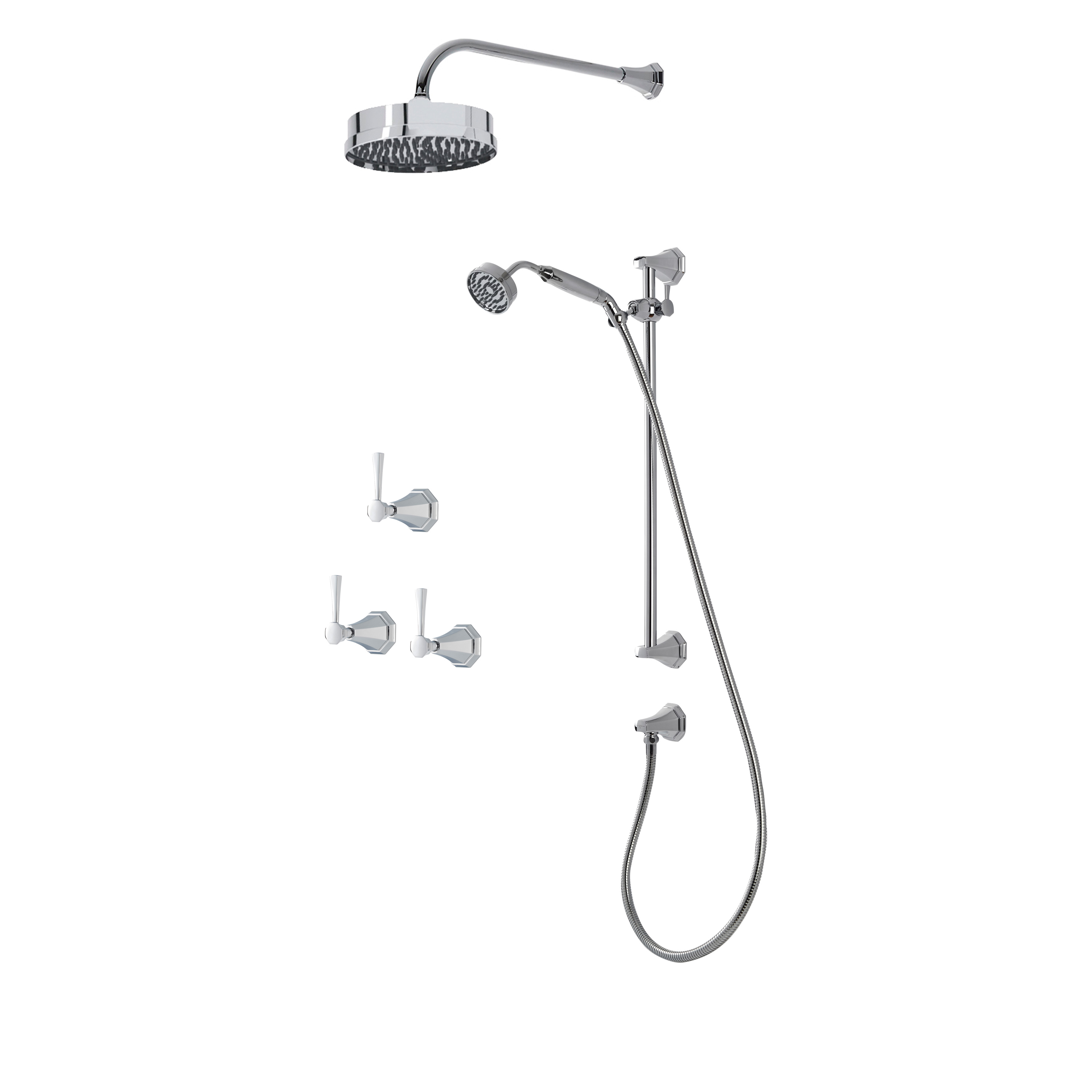 Deco shower layout - wall arm, rose, handshower on rail & levers