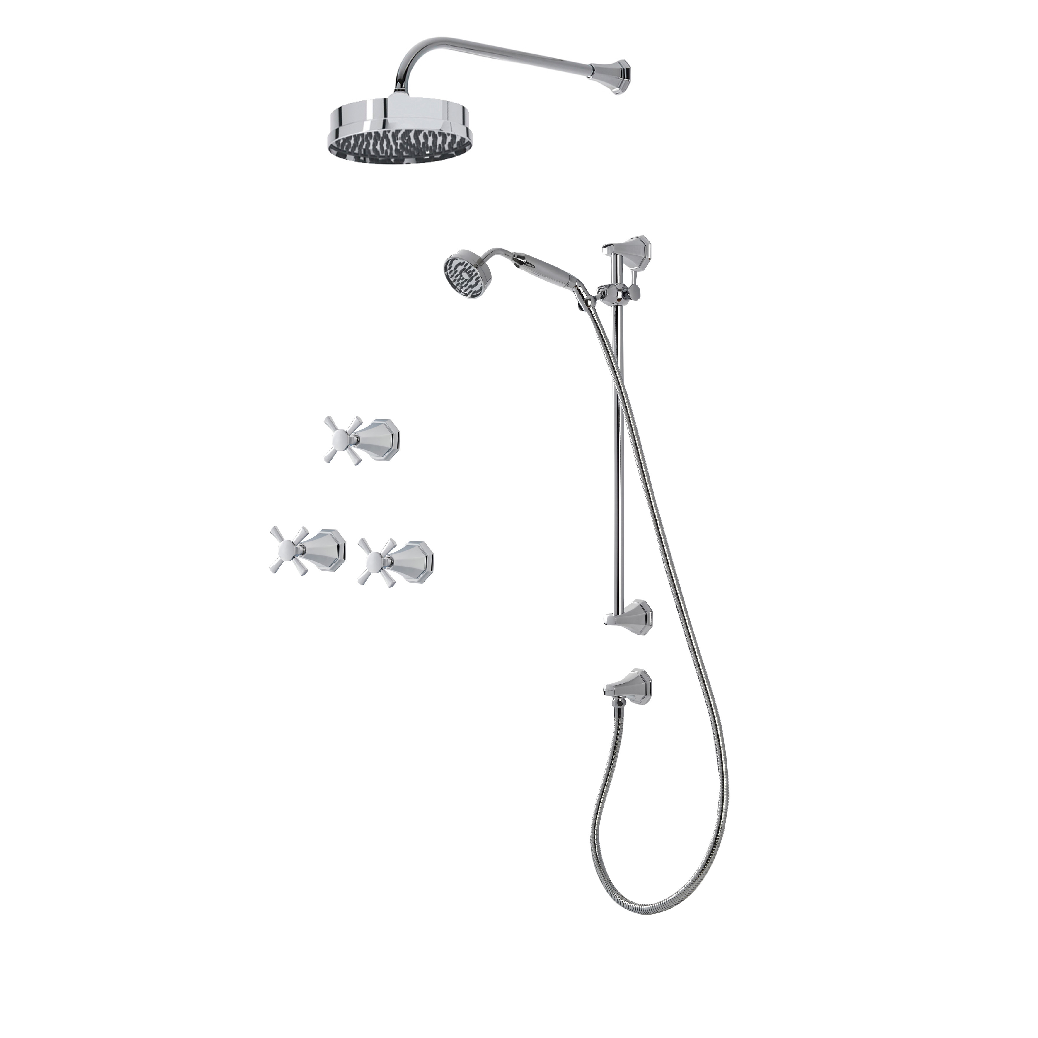 Deco shower layout - wall arm, rose, handshower on rail & xheads