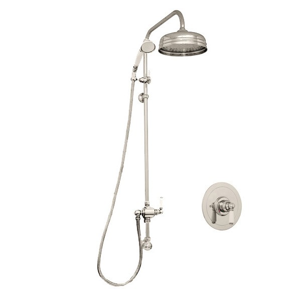 Traditional shower layout - exposed pipe, rose, handshower & mixer