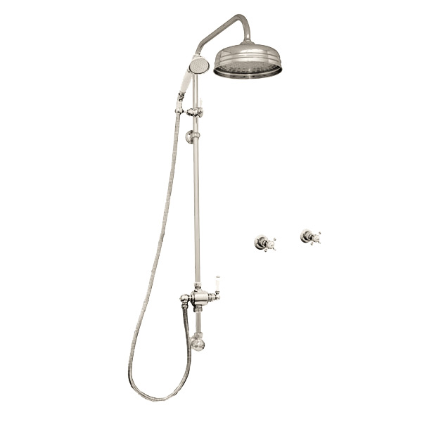 Traditional shower layout - exposed pipe, rose, handshower & xheads