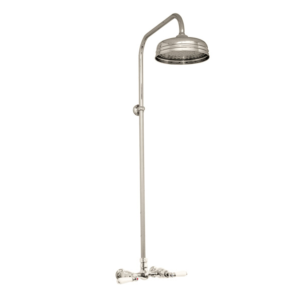 Traditional shower layout - exposed pipe, rose & levers