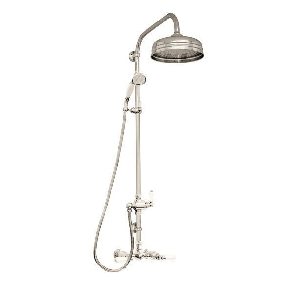 Traditional shower layout - exposed pipe, rose, handshower on rail & levers