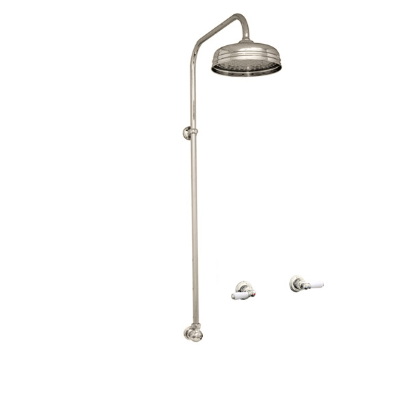Traditional shower layout - exposed pipe, rose & levers