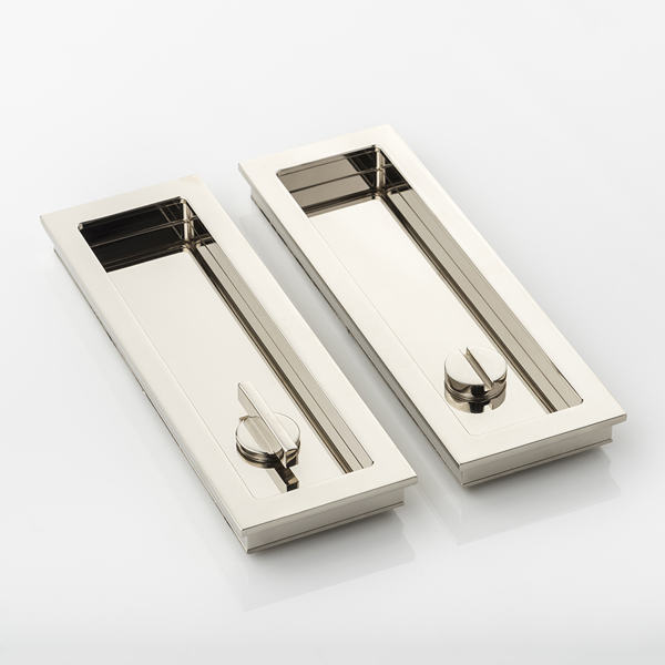 Rectangular solid brass recessed pull with privacy turn/release