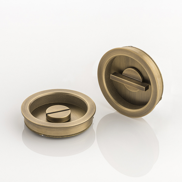 Round solid brass recessed pull with privacy turn/release & diamond knurl