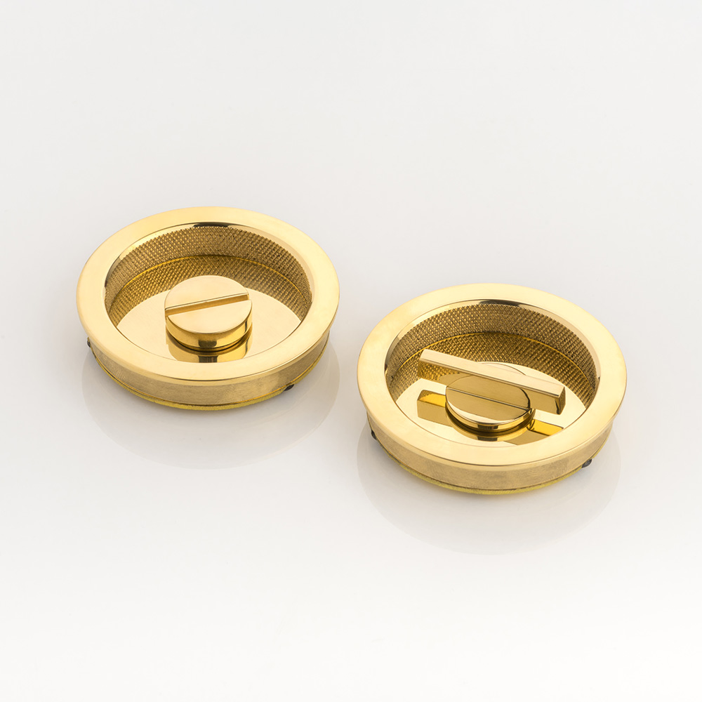 Round solid brass recessed pull with privacy turn/release & diamond knurl