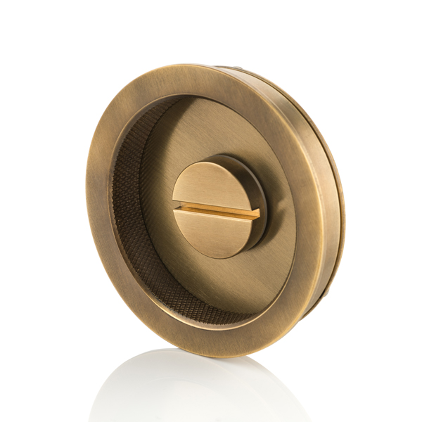 Round solid brass recessed pull with privacy turn/release & diamond knurl