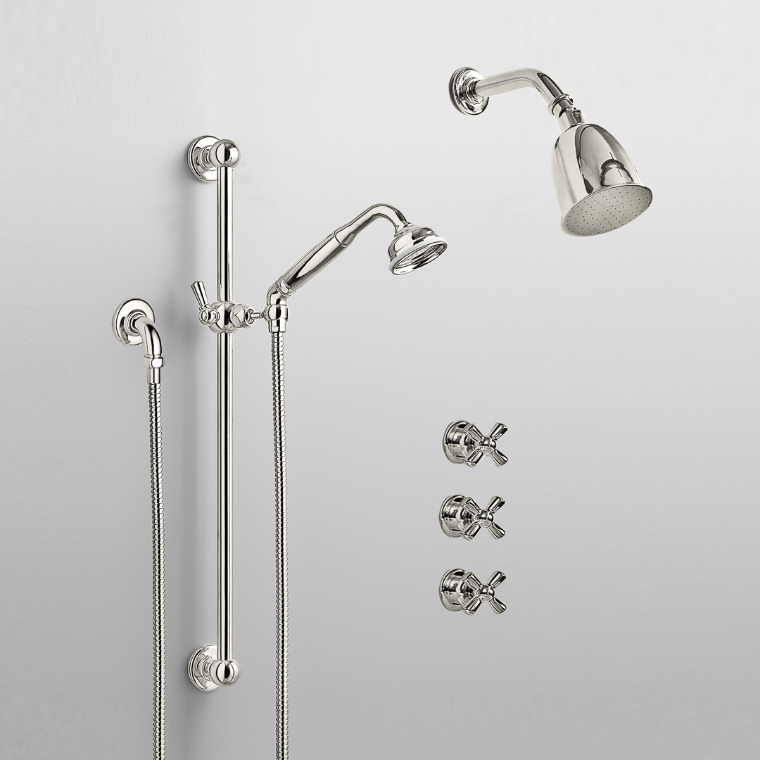 Rockwell shower layout RW1 with rail shower, wall shower & crosshead shower taps with colour options