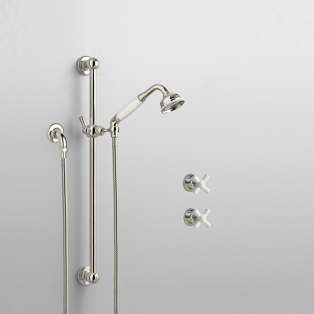 Rockwell shower layout RW3 with rail shower & crosshead shower taps with colour options